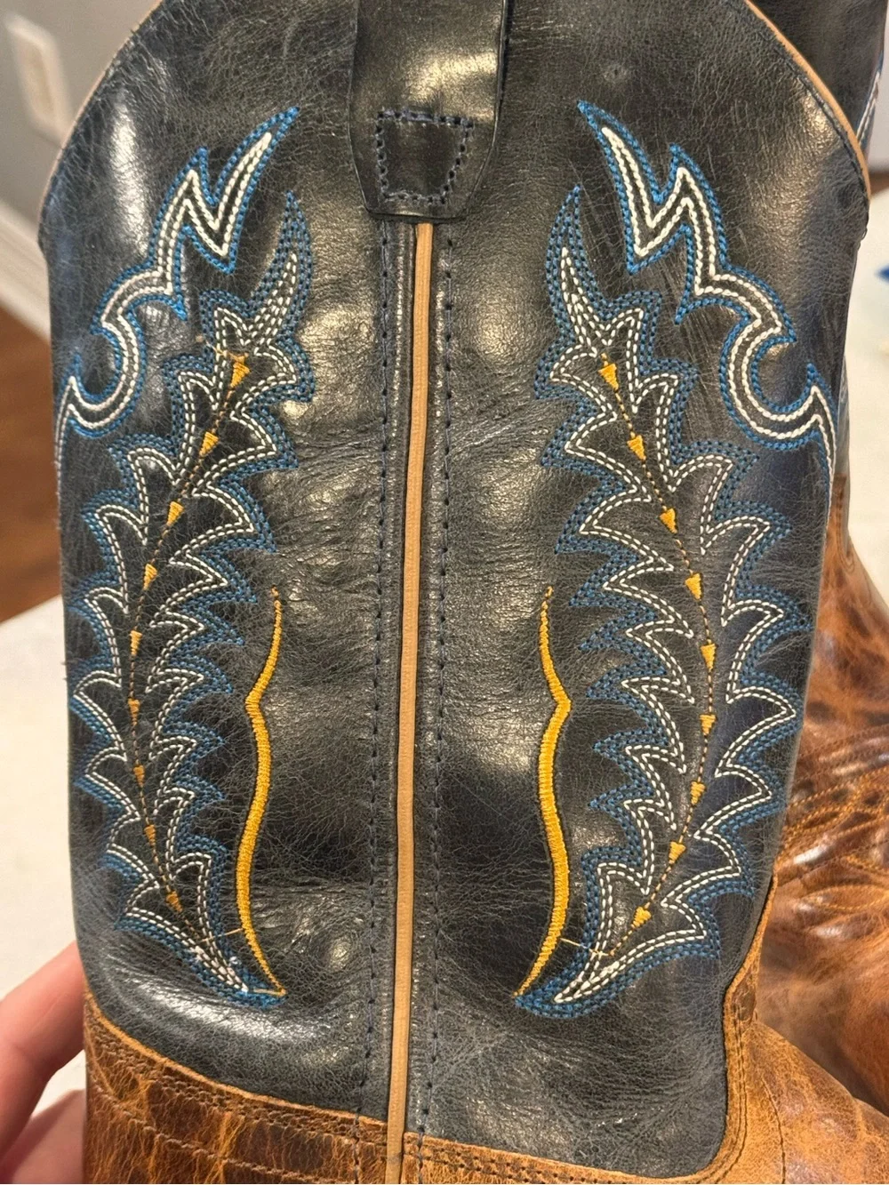 OLD WEST KIDS BURNT TAN AND NAVY BLUE WIDE SQUARE TOE COWBOY BOOTS